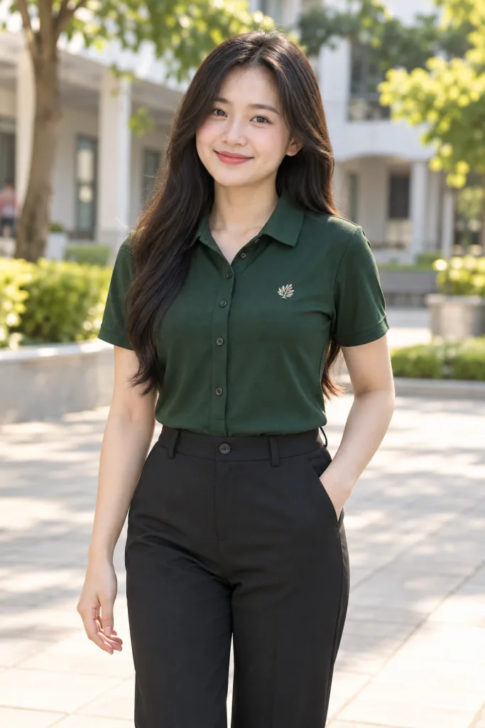 Người mẫu Việt Nam mặc Bộ đồng phục doanh nghiệp sơ mi thanh lịch màu xanh rêu, vải cá sấu co giãn, logo thêu ngực trái