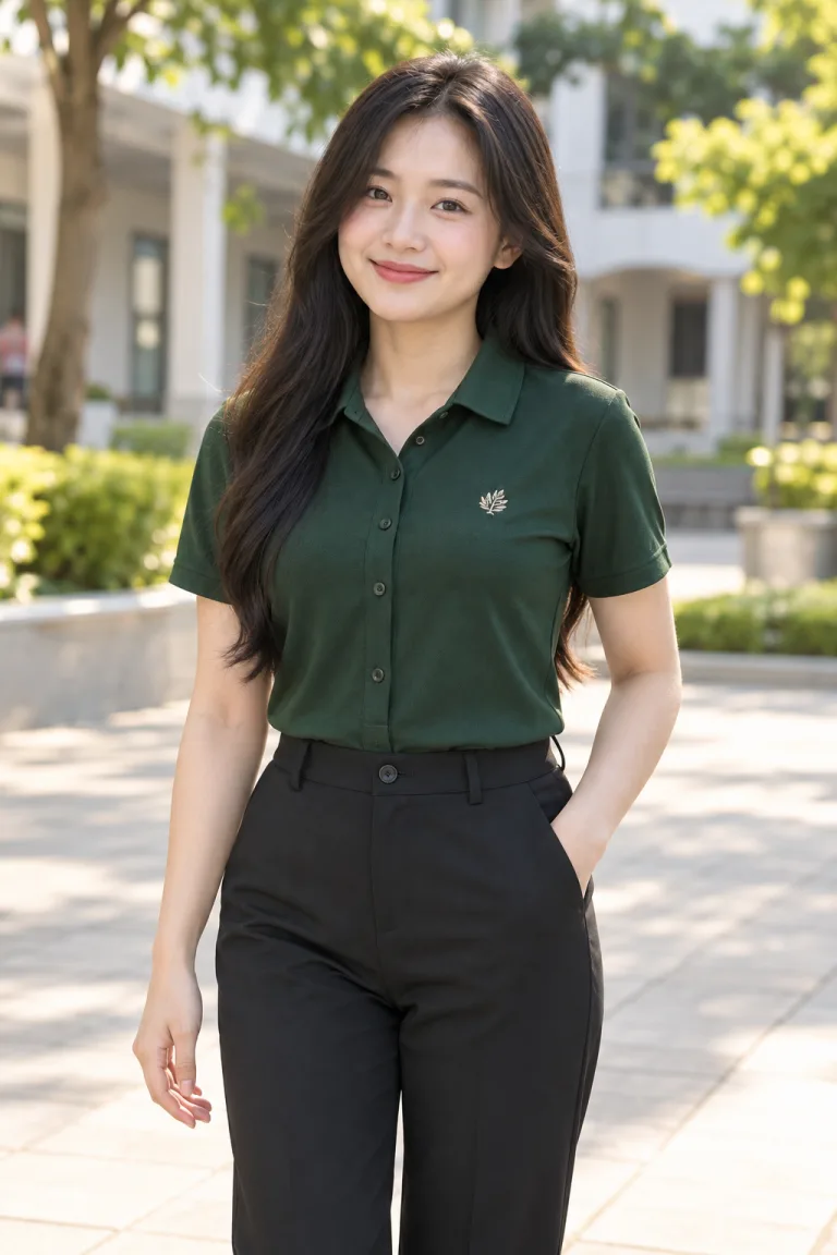 Người mẫu Việt Nam mặc Bộ đồng phục doanh nghiệp sơ mi thanh lịch màu xanh rêu, vải cá sấu co giãn, logo thêu ngực trái