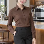 Đồng phục văn phòng sơ mi tay dài màu nâu cà phê, vải kate silk, form nam nữ riêng