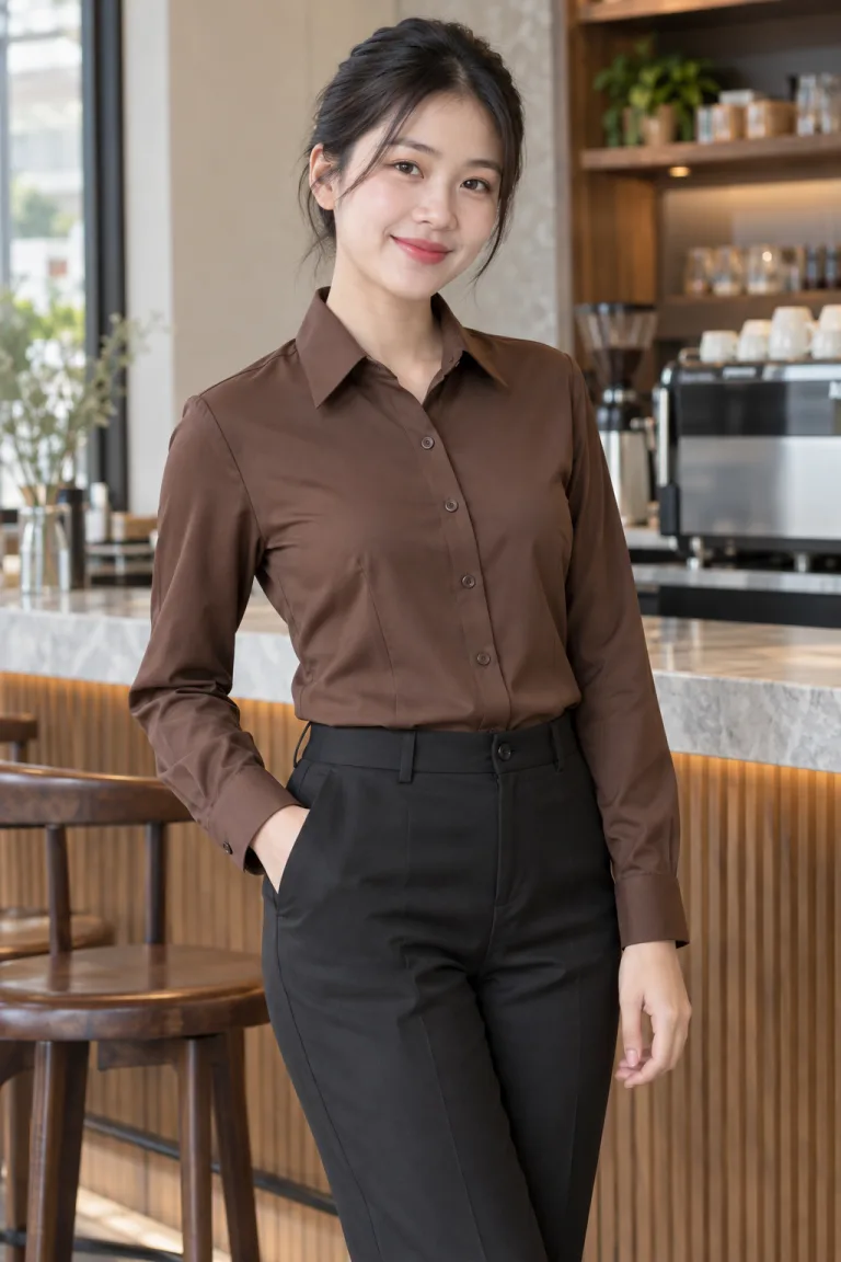 Người mẫu Việt Nam mặc Đồng phục văn phòng sơ mi tay dài màu nâu cà phê, vải kate silk, form nam nữ riêng