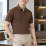 Đồng phục văn phòng polo lịch sự màu nâu cà phê, vải pique mềm, cổ áo đứng dáng