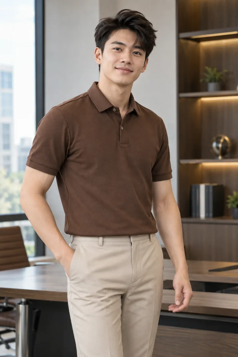 Người mẫu Việt Nam mặc Đồng phục văn phòng polo lịch sự màu nâu cà phê, vải pique mềm, cổ áo đứng dáng