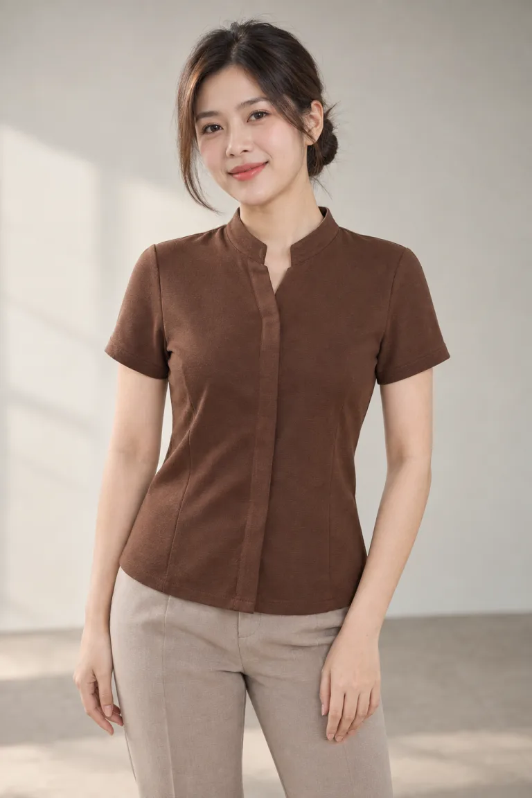 Người mẫu Việt Nam mặc Đồng phục văn phòng áo kiểu cổ trụ màu nâu cà phê, vải pique mềm, tay áo gọn