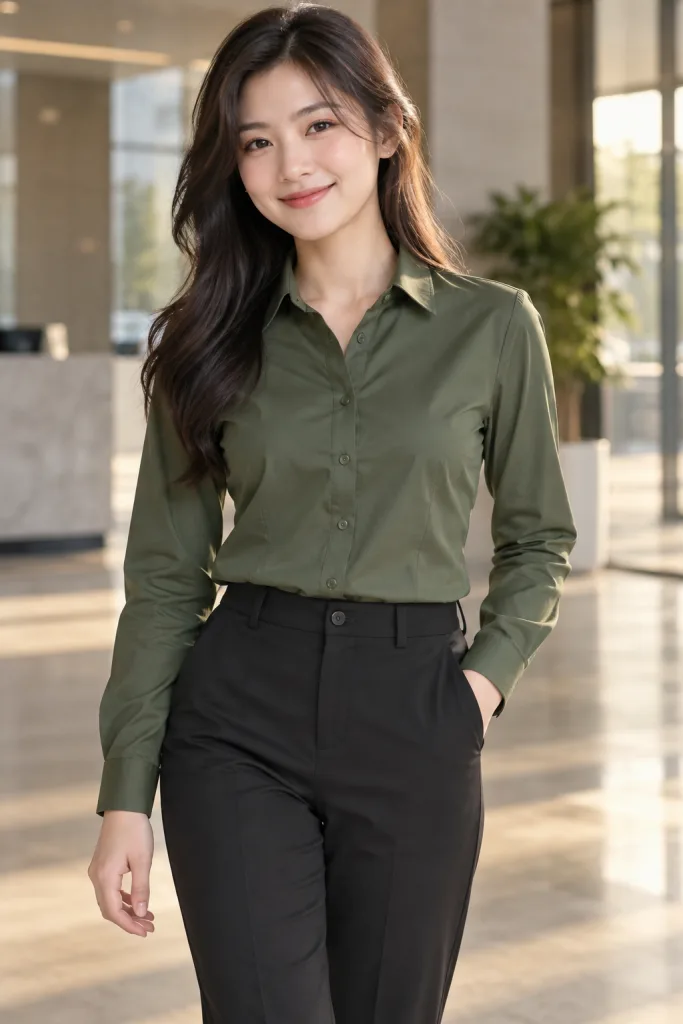 Đồng phục văn phòng sơ mi tay dài màu xanh rêu, vải poplin ít nhăn, cổ áo đứng dáng