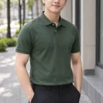 Đồng phục văn phòng polo lịch sự màu xanh rêu, vải cotton pha spandex, tay áo gọn