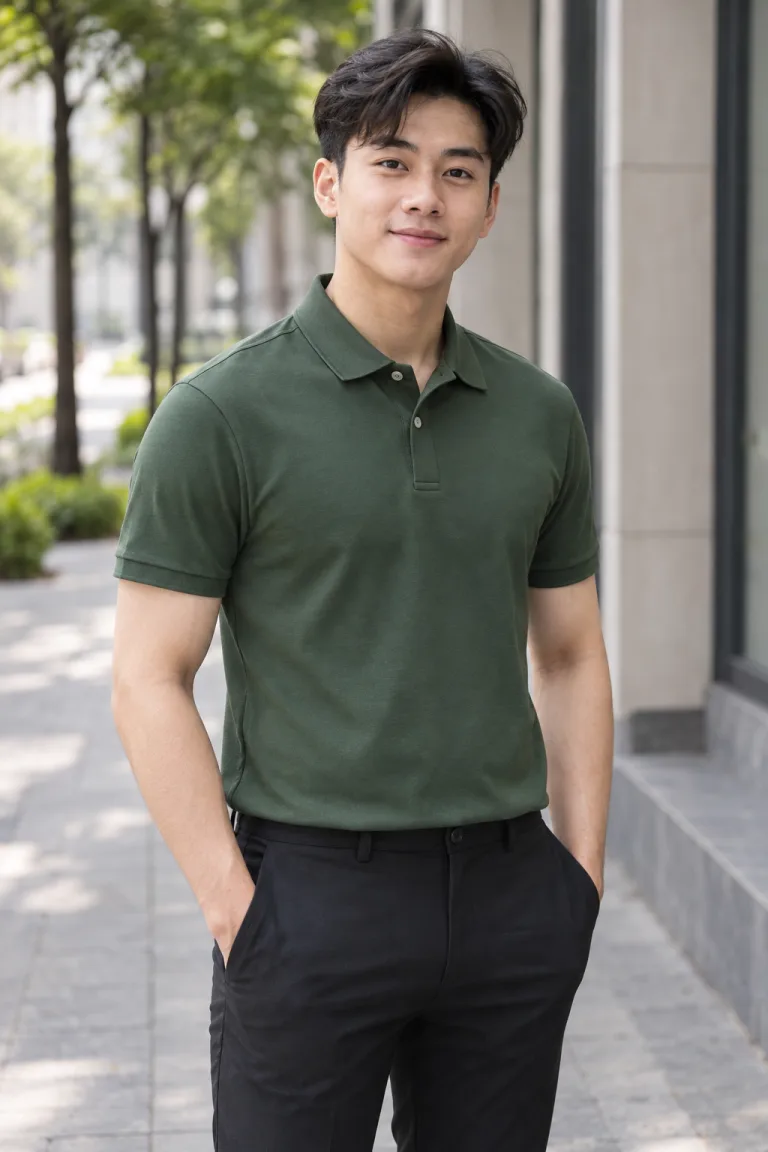 Người mẫu Việt Nam mặc Đồng phục văn phòng polo lịch sự màu xanh rêu, vải cotton pha spandex, tay áo gọn