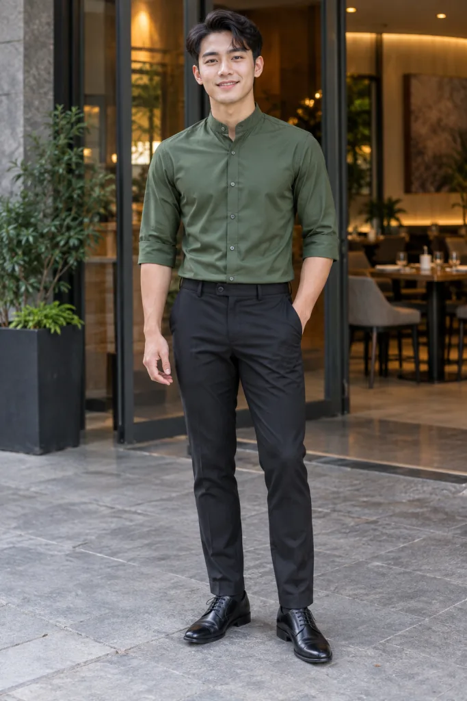 Đồng phục văn phòng sơ mi tay lỡ màu xanh rêu, vải kate silk, cổ áo đứng dáng