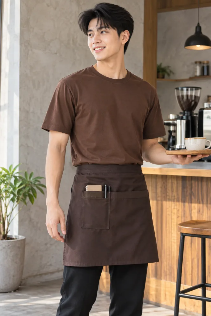 Đồng phục quán cafe áo thun phục vụ màu nâu cà phê, vải canvas mềm, túi dụng cụ nhỏ