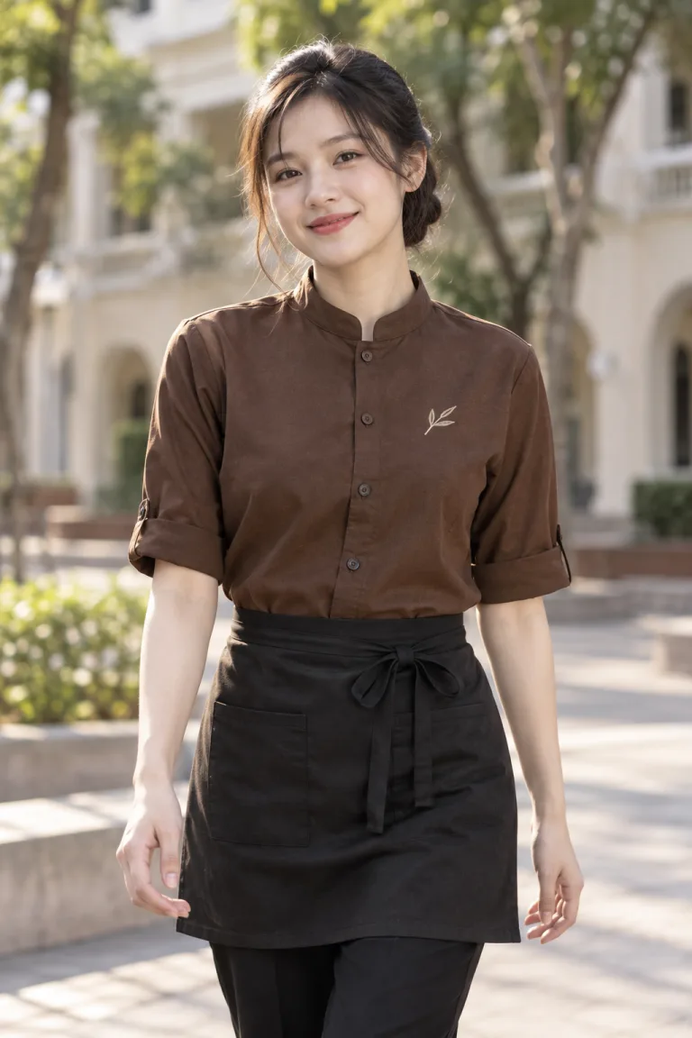 Người mẫu Việt Nam mặc Đồng phục quán cafe sơ mi cổ tàu màu nâu cà phê, vải canvas mềm, logo thêu tối giản