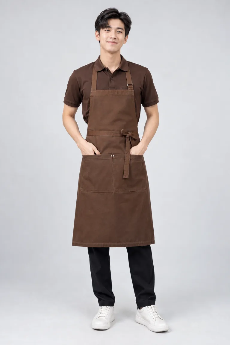 Người mẫu Việt Nam mặc Đồng phục quán cafe combo áo và tạp dề màu nâu cà phê, vải kaki cotton, phối tạp dề dài