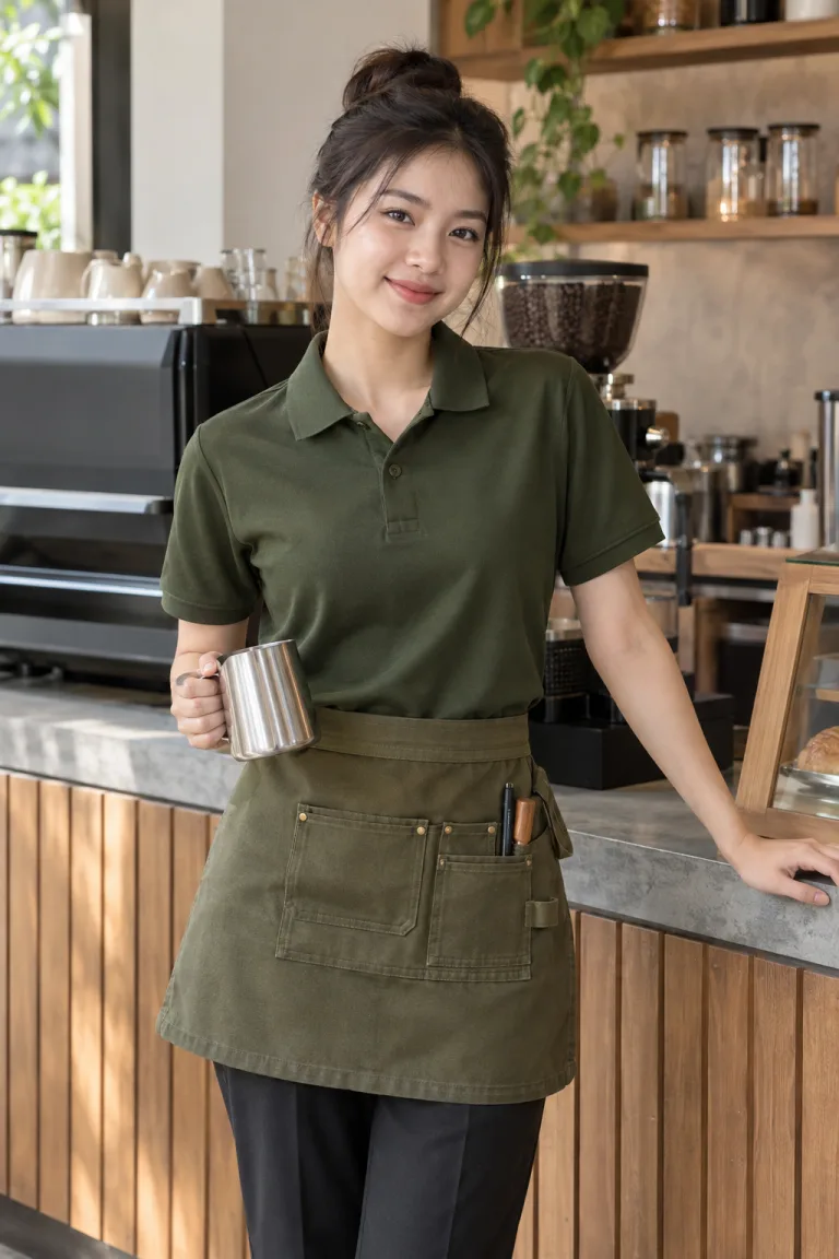 Người mẫu Việt Nam mặc Đồng phục quán cafe polo cho barista màu xanh rêu, vải kaki cotton, túi dụng cụ nhỏ