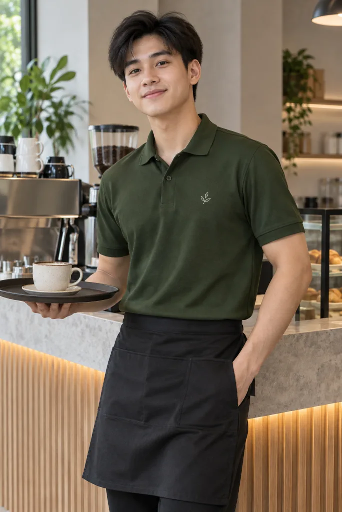 Người mẫu Việt Nam mặc Đồng phục quán cafe áo thun phục vụ màu xanh rêu, vải cá sấu poly, logo thêu tối giản