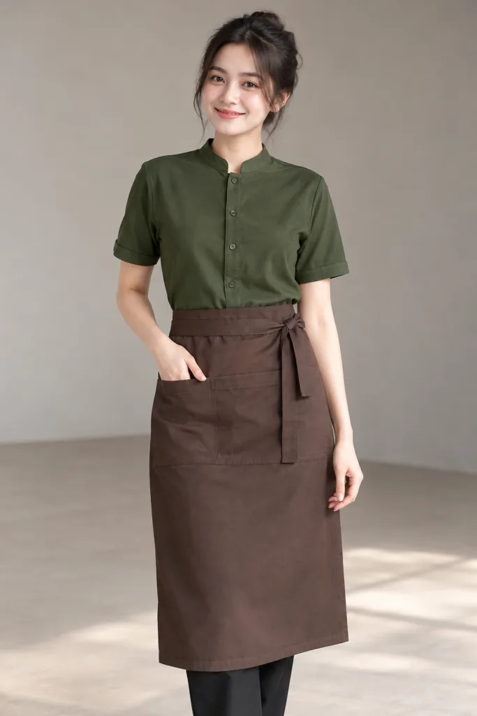 Đồng phục quán cafe sơ mi cổ tàu màu xanh rêu, vải cá sấu poly, phối tạp dề dài