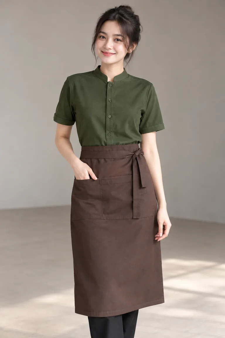 Người mẫu Việt Nam mặc Đồng phục quán cafe sơ mi cổ tàu màu xanh rêu, vải cá sấu poly, phối tạp dề dài
