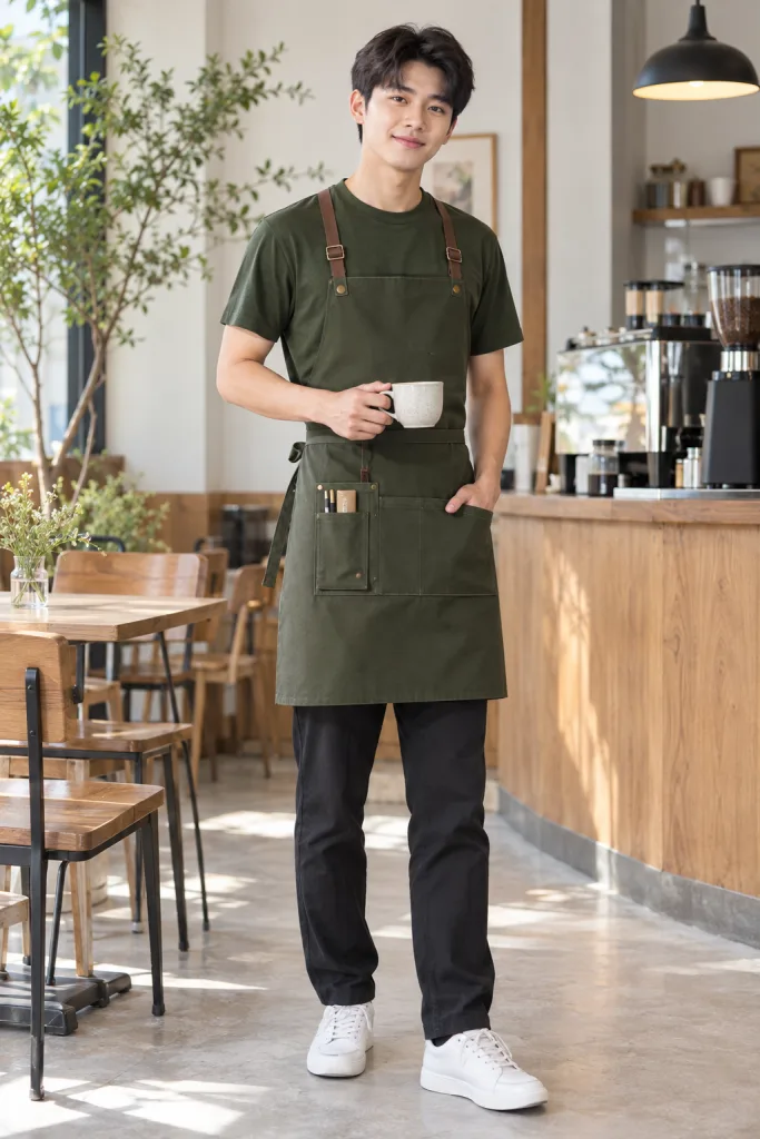 Người mẫu Việt Nam mặc Đồng phục quán cafe combo áo và tạp dề màu xanh rêu, vải cotton compact, túi dụng cụ nhỏ
