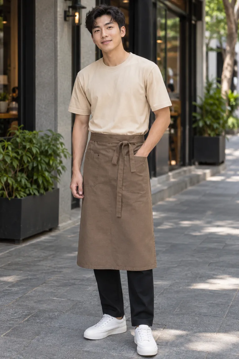 Người mẫu Việt Nam mặc Đồng phục quán cafe áo thun phục vụ màu be kem, vải canvas mềm, phối tạp dề dài