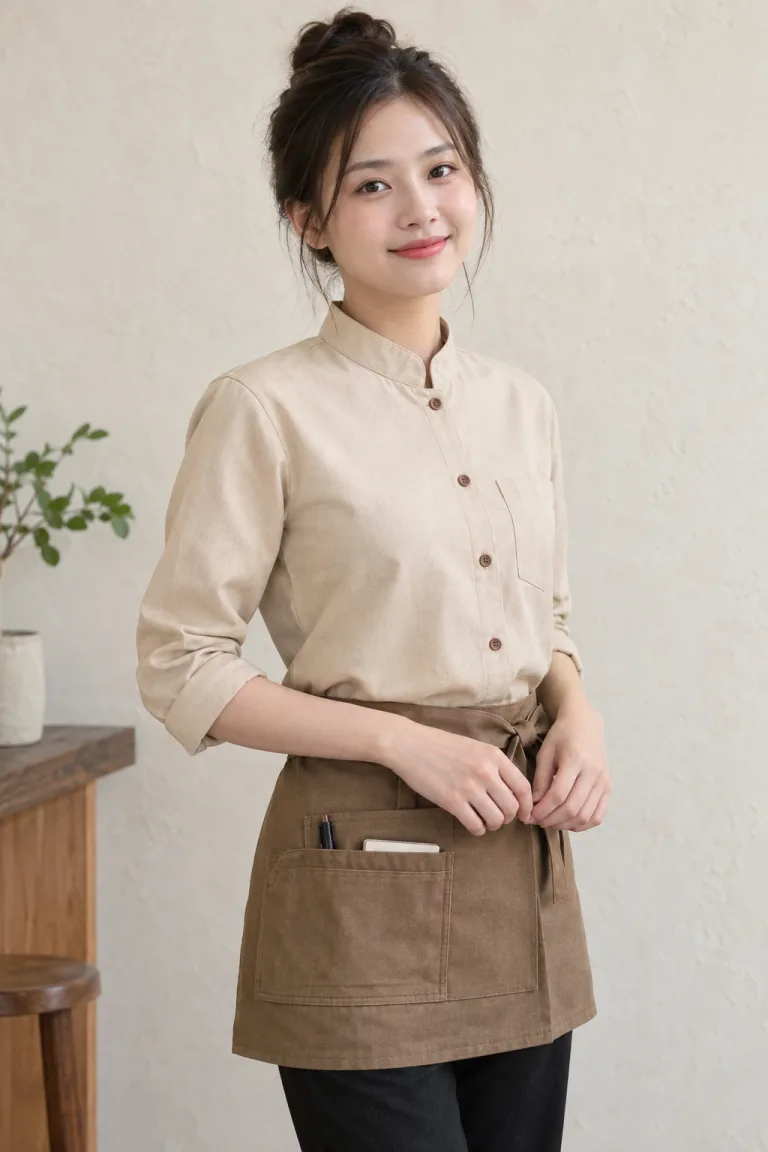 Người mẫu Việt Nam mặc Đồng phục quán cafe sơ mi cổ tàu màu be kem, vải canvas mềm, túi dụng cụ nhỏ