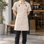Đồng phục quán cafe combo áo và tạp dề màu be kem, vải kaki cotton, logo thêu tối giản