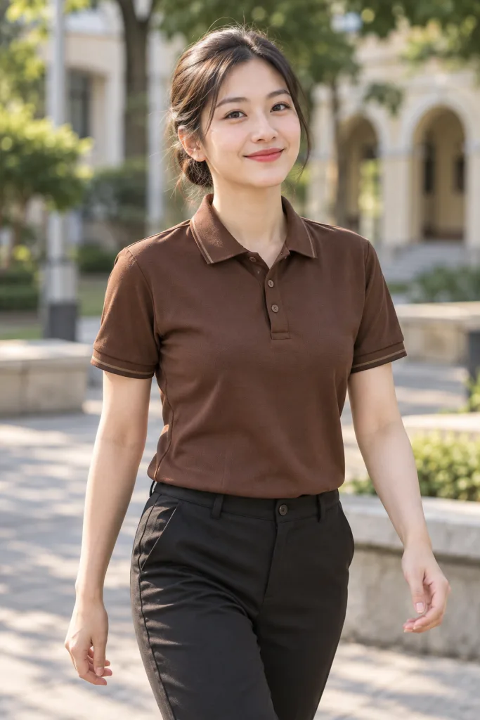 Người mẫu Việt Nam mặc Đồng phục nhà hàng polo vận hành màu nâu cà phê, vải vải chéo bền màu, form gọn dễ vận động