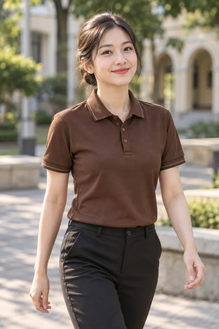 Người mẫu Việt Nam mặc Đồng phục nhà hàng polo vận hành màu nâu cà phê, vải vải chéo bền màu, form gọn dễ vận động