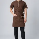 Đồng phục nhà hàng combo áo và tạp dề màu nâu cà phê, vải kaki mềm, phối nẹp cổ
