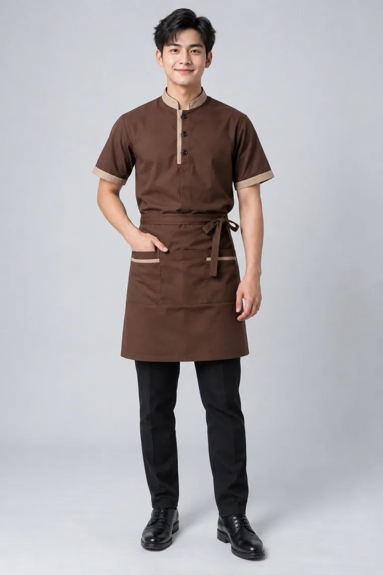 Người mẫu Việt Nam mặc Đồng phục nhà hàng combo áo và tạp dề màu nâu cà phê, vải kaki mềm, phối nẹp cổ