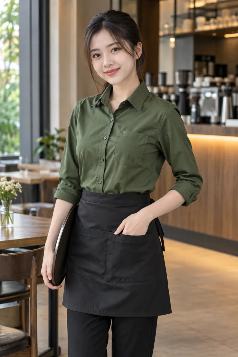 Người mẫu Việt Nam mặc Đồng phục nhà hàng sơ mi phục vụ màu xanh rêu, vải kaki mềm, túi chức năng