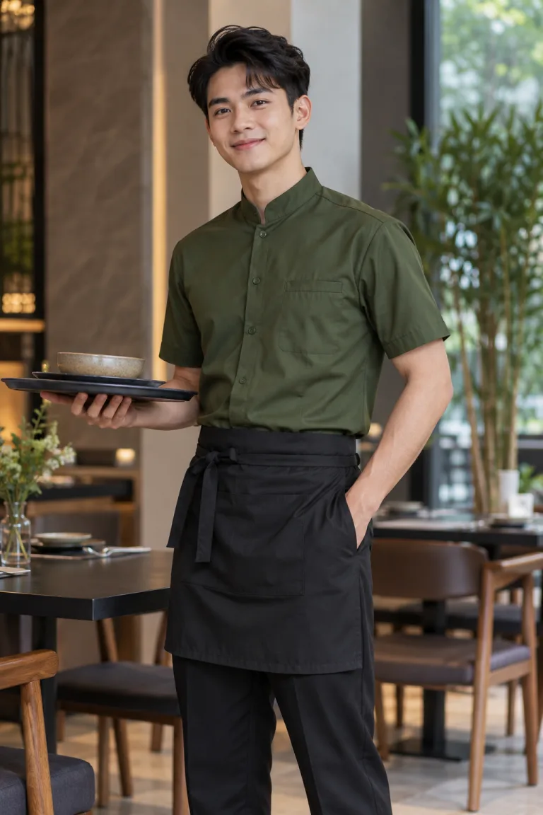 Người mẫu Việt Nam mặc Đồng phục nhà hàng áo cổ tàu màu xanh rêu, vải cotton poly, form gọn dễ vận động