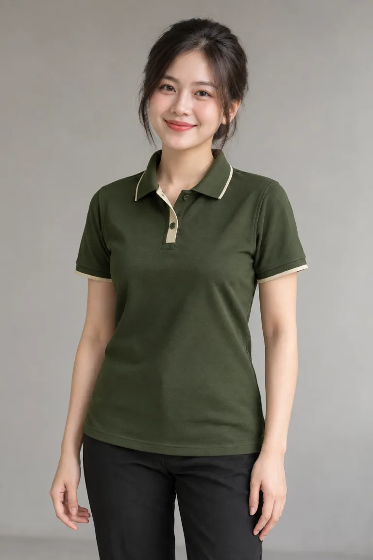 Người mẫu Việt Nam mặc Đồng phục nhà hàng polo vận hành màu xanh rêu, vải cotton poly, phối nẹp cổ