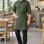 Đồng phục nhà hàng combo áo và tạp dề màu xanh rêu, vải kate ít nhăn, túi chức năng