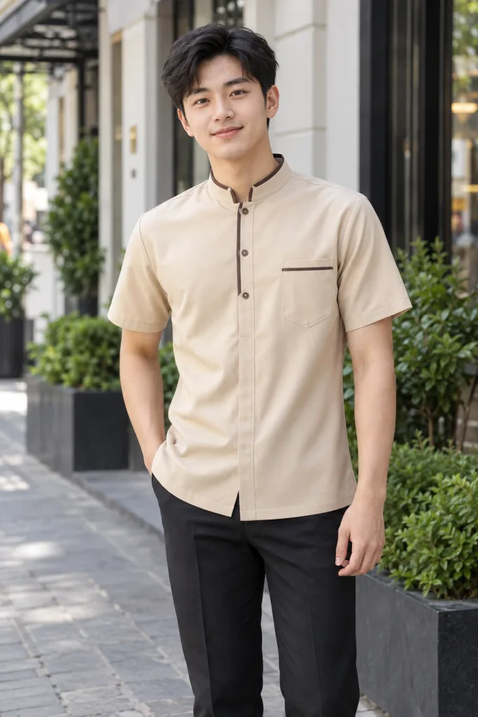 Người mẫu Việt Nam mặc Đồng phục nhà hàng áo cổ tàu màu be kem, vải vải chéo bền màu, phối nẹp cổ