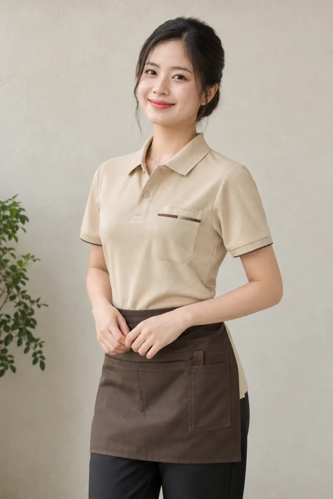 Đồng phục nhà hàng polo vận hành màu be kem, vải vải chéo bền màu, túi chức năng