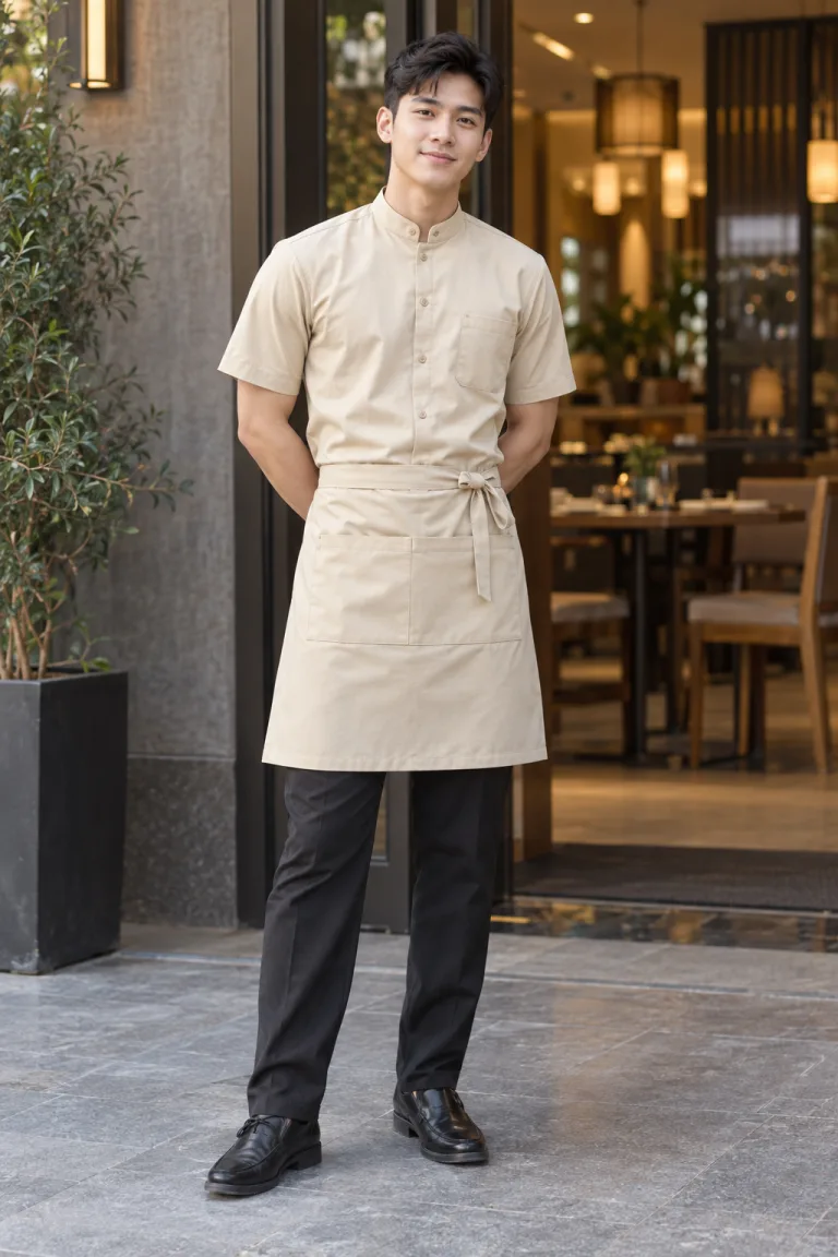 Người mẫu Việt Nam mặc Đồng phục nhà hàng combo áo và tạp dề màu be kem, vải kaki mềm, form gọn dễ vận động