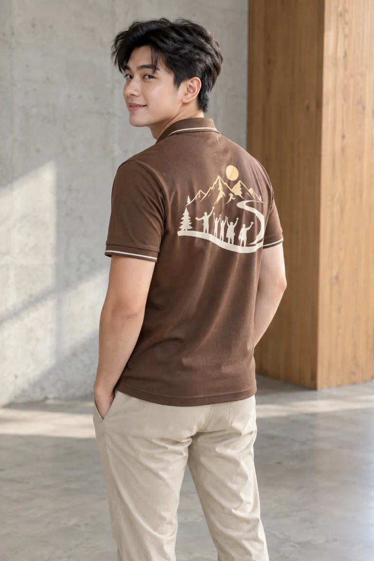 Người mẫu Việt Nam mặc Áo teambuilding polo năng động màu nâu cà phê, vải cotton co giãn, in slogan sau lưng