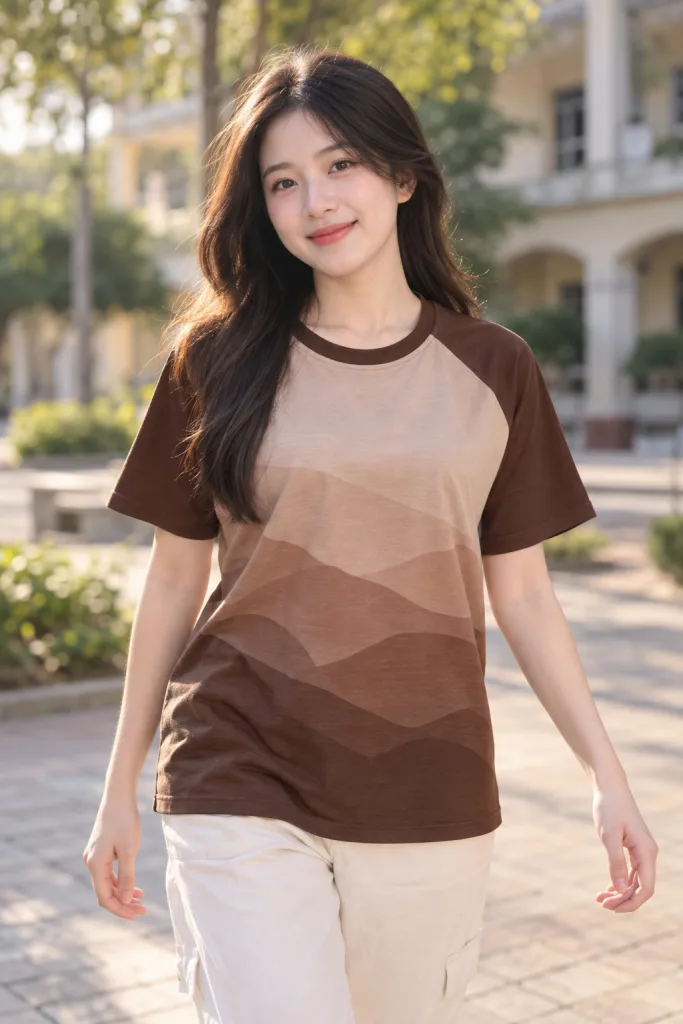 Áo teambuilding tay raglan màu nâu cà phê, vải cotton co giãn, họa tiết chuyển sắc