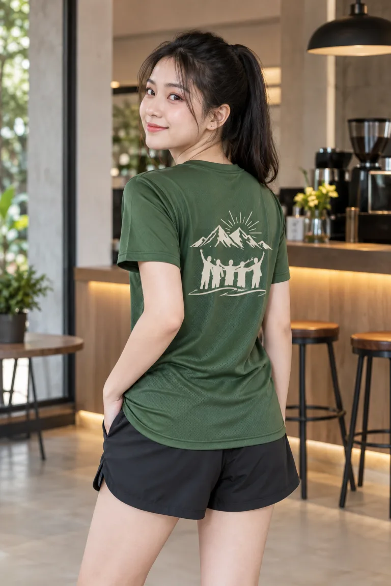 Người mẫu Việt Nam mặc Áo teambuilding cổ tròn thể thao màu xanh rêu, vải poly mè thể thao, in slogan sau lưng