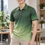 Áo teambuilding polo năng động màu xanh rêu, vải cotton poly, họa tiết chuyển sắc