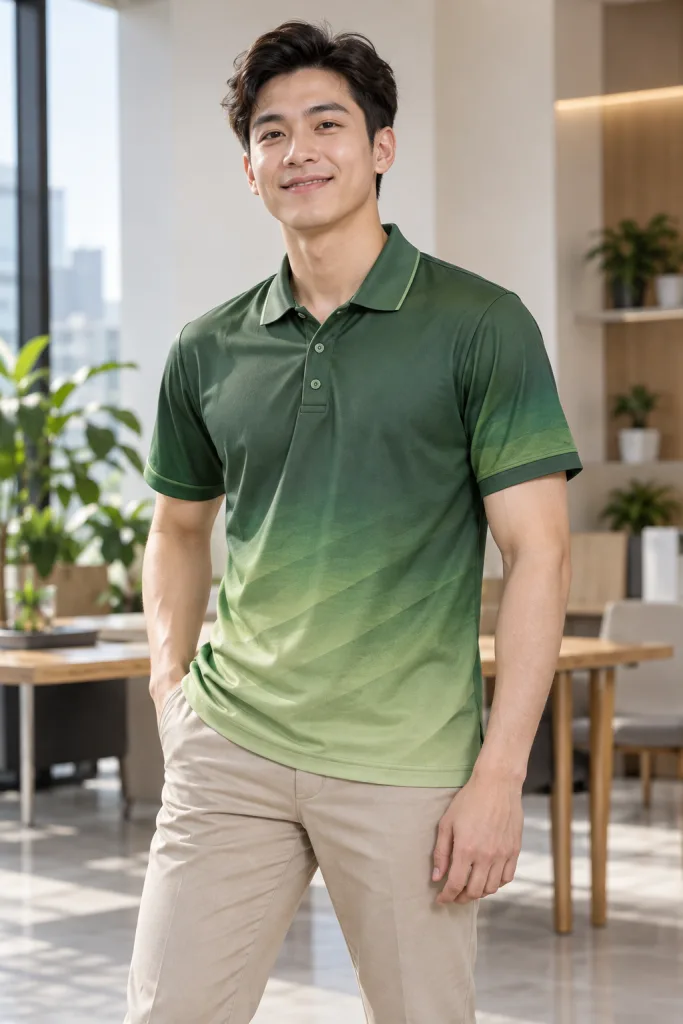 Người mẫu Việt Nam mặc Áo teambuilding polo năng động màu xanh rêu, vải cotton poly, họa tiết chuyển sắc