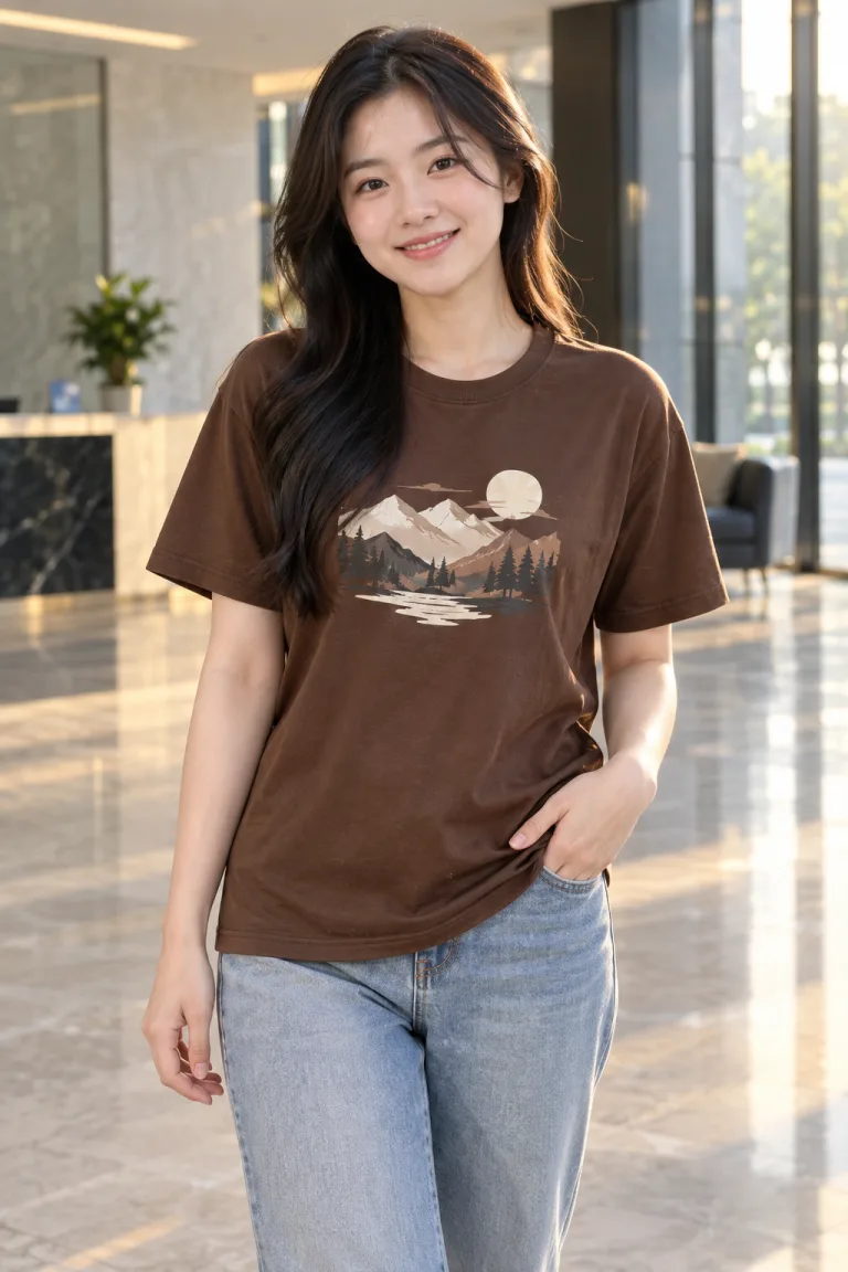 Người mẫu Việt Nam mặc Áo nhóm cổ tròn unisex màu nâu cà phê, vải cotton 100%, in hình trước ngực