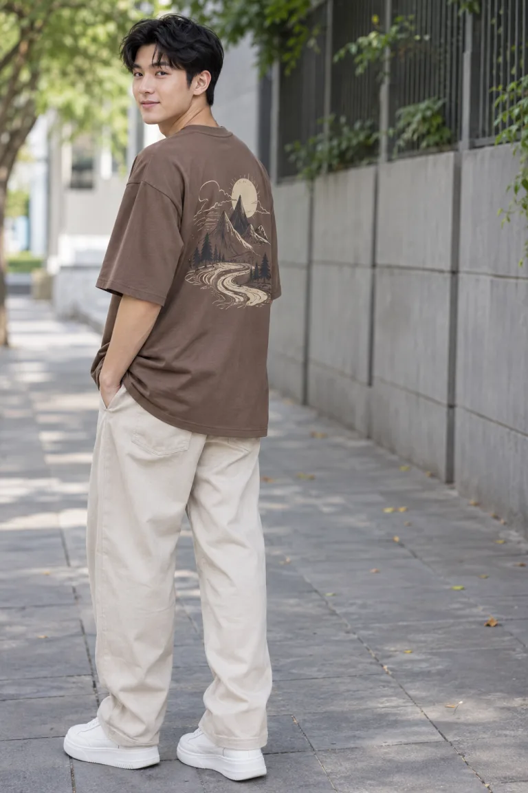 Người mẫu Việt Nam mặc Áo nhóm form oversize màu nâu cà phê, vải cotton poly, slogan sau lưng