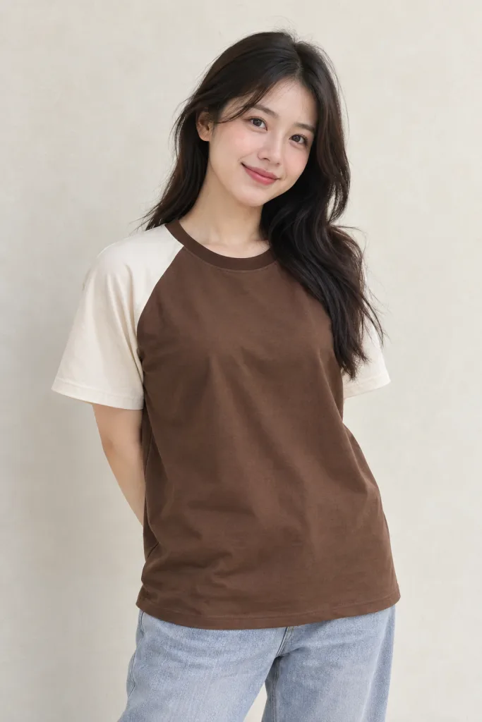 Áo nhóm tay raglan màu nâu cà phê, vải cotton poly, phối tay hai màu