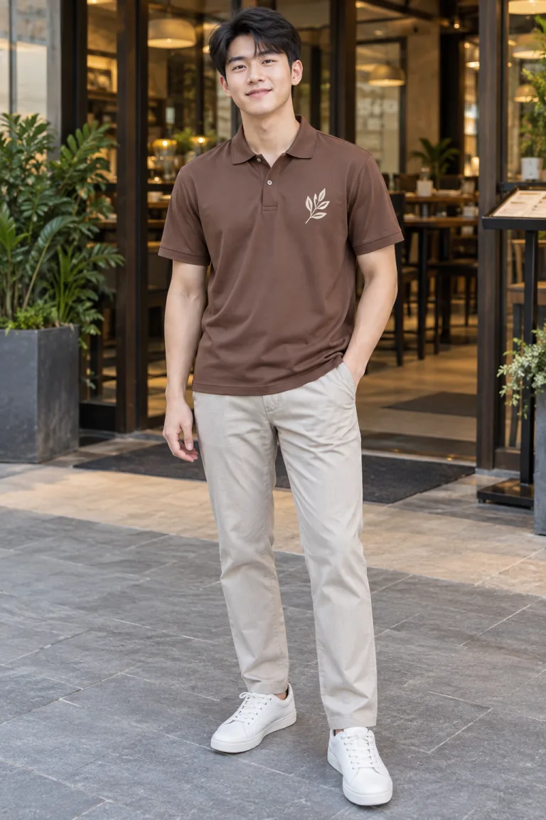 Người mẫu Việt Nam mặc Áo nhóm polo trẻ trung màu nâu cà phê, vải thun lạnh, in hình trước ngực