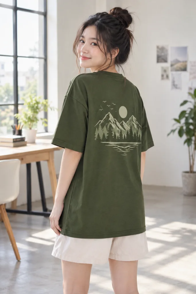 Người mẫu Việt Nam mặc Áo nhóm cổ tròn unisex màu xanh rêu, vải thun lạnh, slogan sau lưng