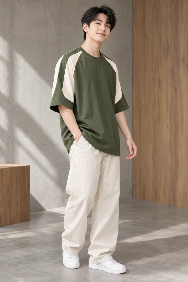 Người mẫu Việt Nam mặc Áo nhóm form oversize màu xanh rêu, vải cotton compact, phối tay hai màu
