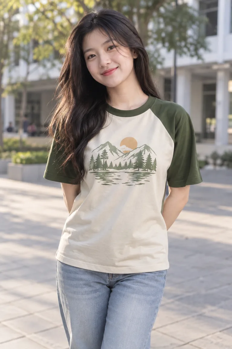 Người mẫu Việt Nam mặc Áo nhóm tay raglan màu xanh rêu, vải cotton compact, in hình trước ngực