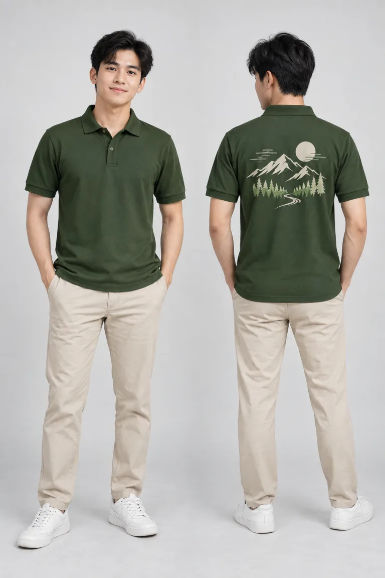 Người mẫu Việt Nam mặc Áo nhóm polo trẻ trung màu xanh rêu, vải cotton 100%, slogan sau lưng