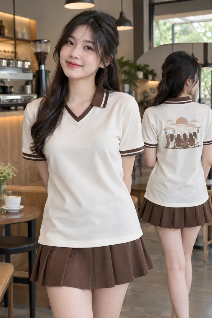 Áo lớp polo cổ V phối viền màu nâu cà phê, vải cá sấu cotton, tên lớp sau lưng