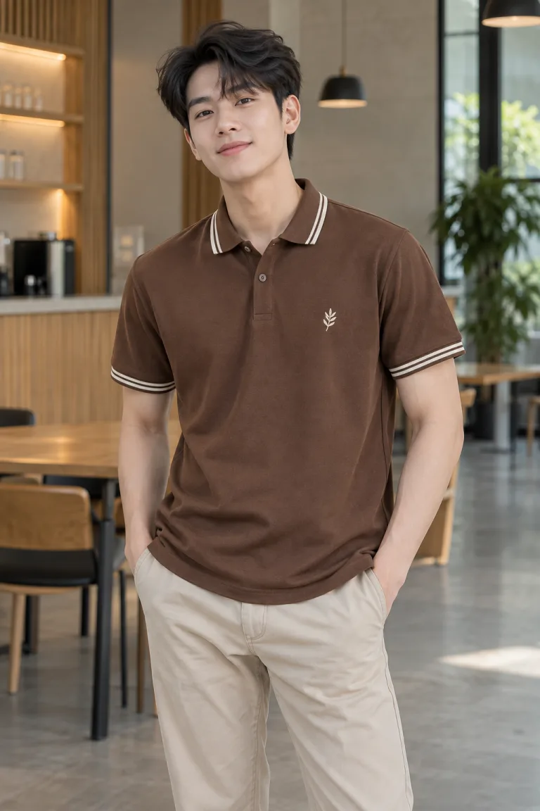Người mẫu Việt Nam mặc Áo lớp polo cổ bẻ sọc màu nâu cà phê, vải cotton mềm 220gsm, logo nhỏ trước ngực