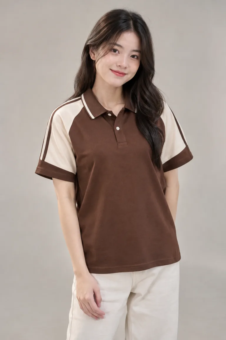 Người mẫu Việt Nam mặc Áo lớp polo phối vai thể thao màu nâu cà phê, vải cotton mềm 220gsm, phối hai màu