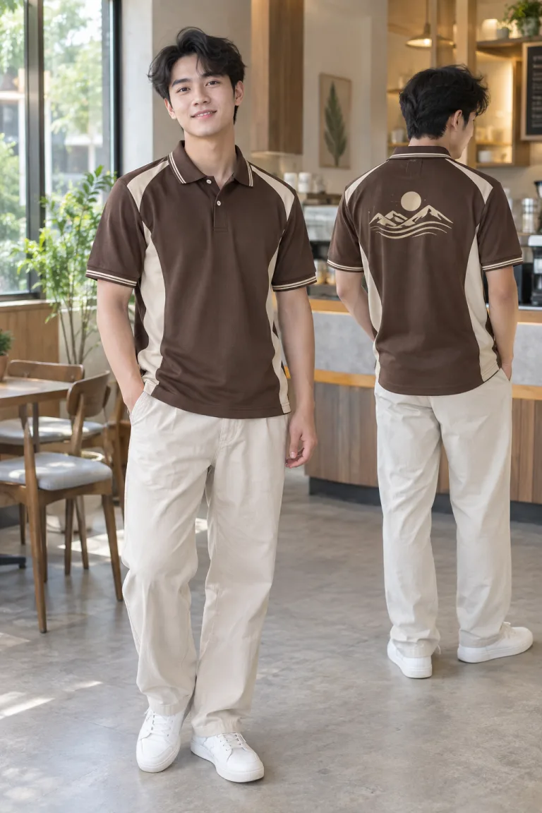Người mẫu Việt Nam mặc Áo lớp polo phối sườn màu nâu cà phê, vải pique co giãn, tên lớp sau lưng